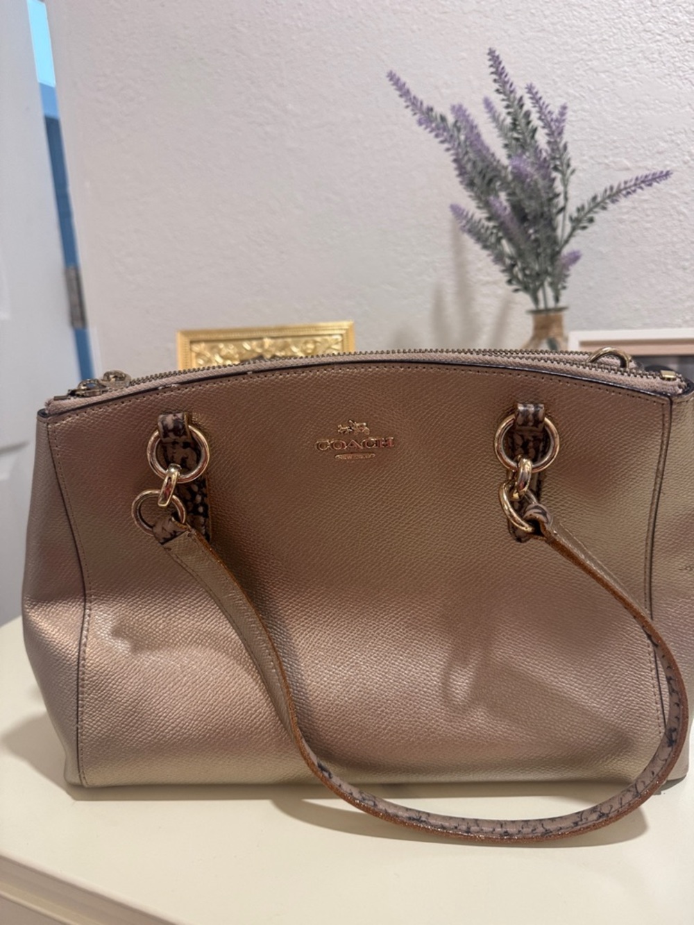 Coach Metallic Taupe/Champagne Leather Satchel with Gold Hardware